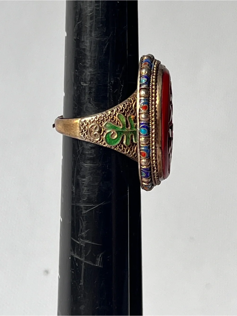 Antique Chinese Cinnabar Ring Carved Floral Silver Gold Gilt Enamel Adjustable